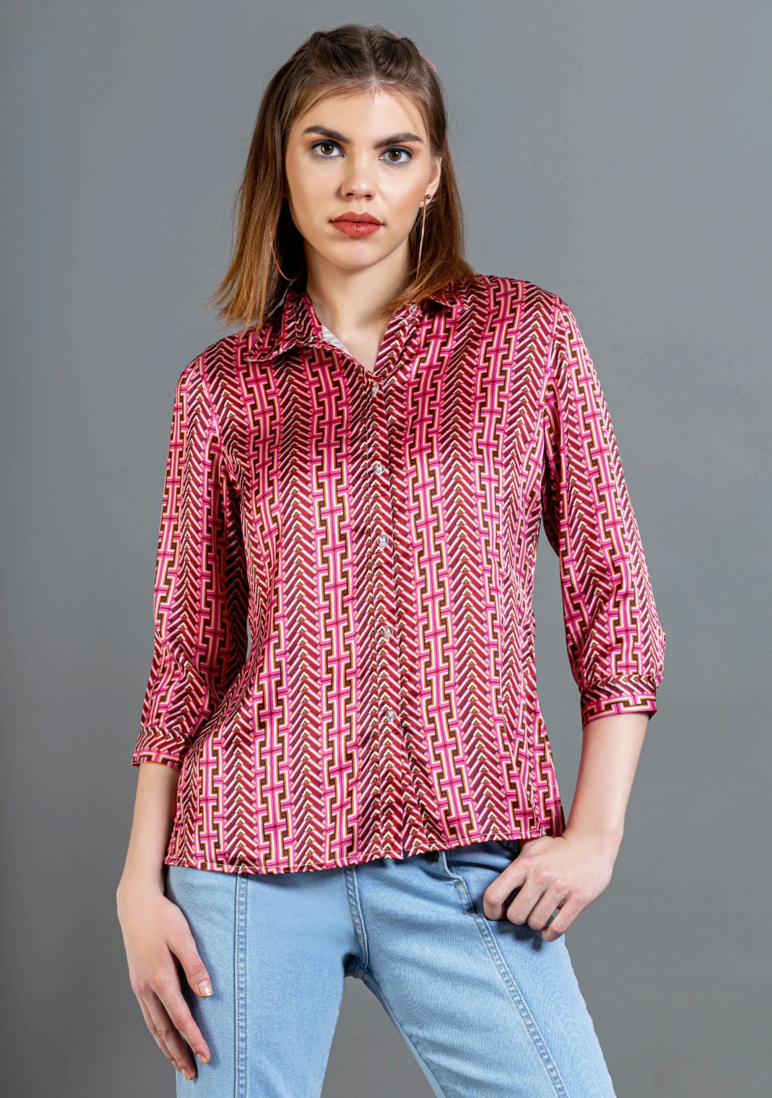 Dark Pink Geometric Print Button Down Shirt