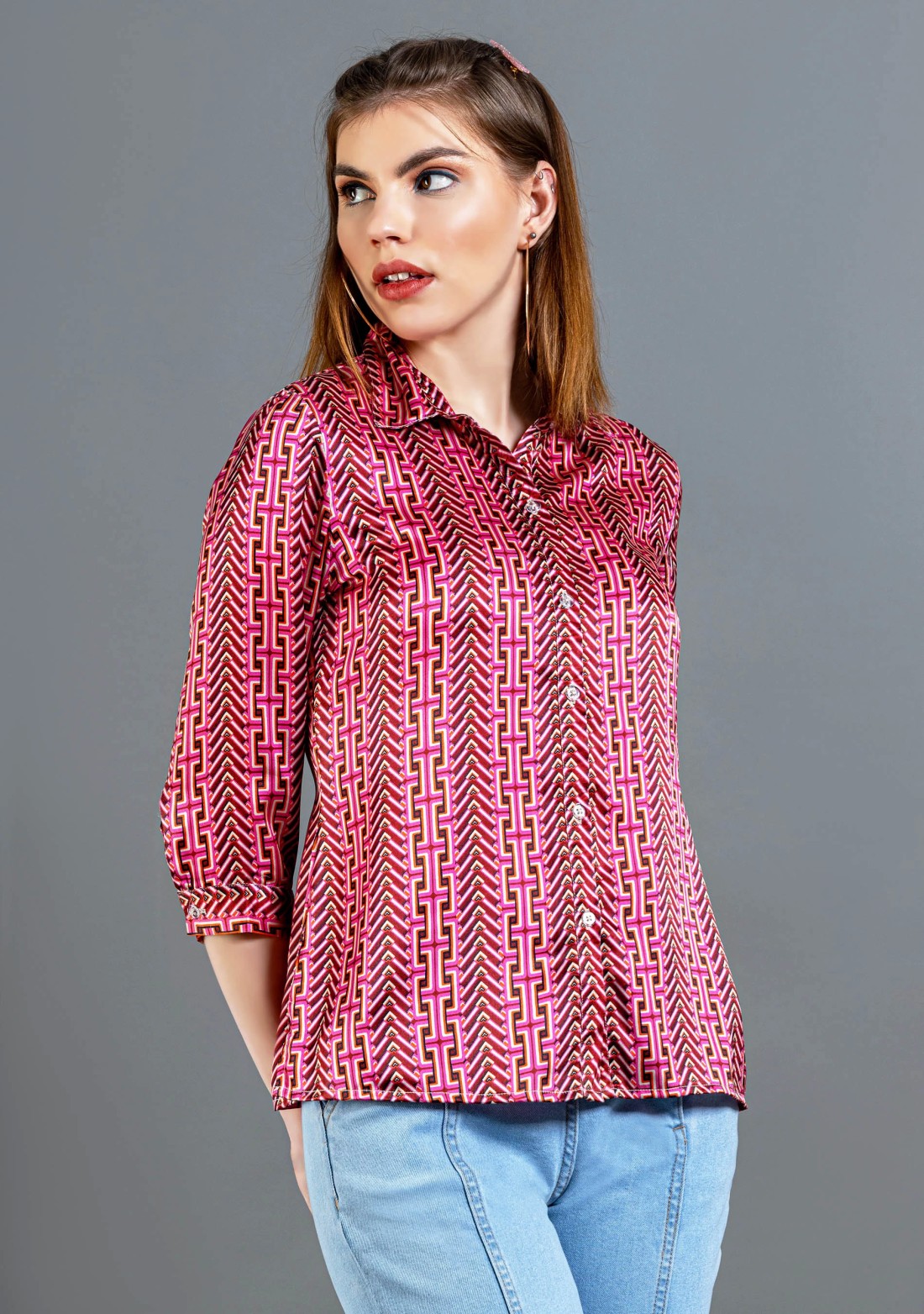 Dark Pink Geometric Print Button Down Shirt