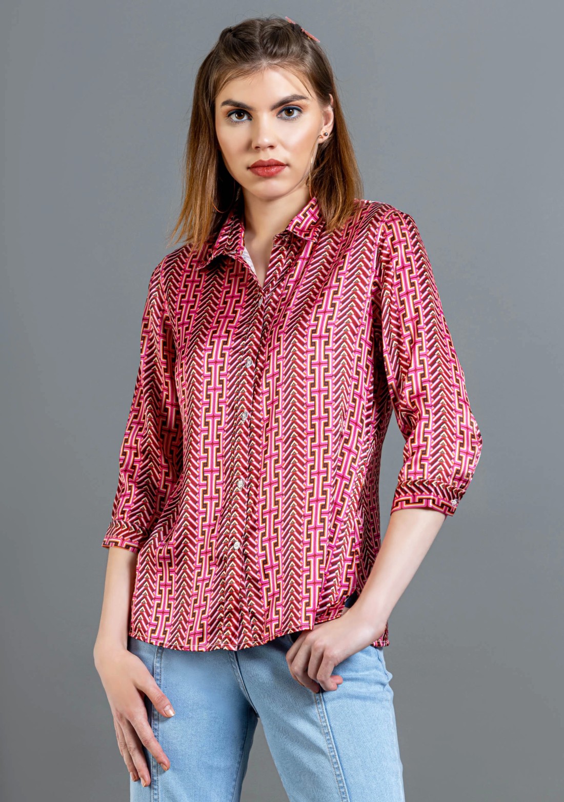 Dark Pink Geometric Print Button Down Shirt