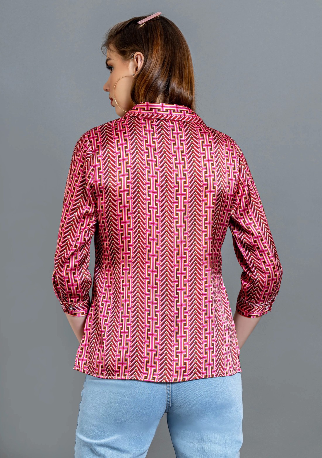 Dark Pink Geometric Print Button Down Shirt