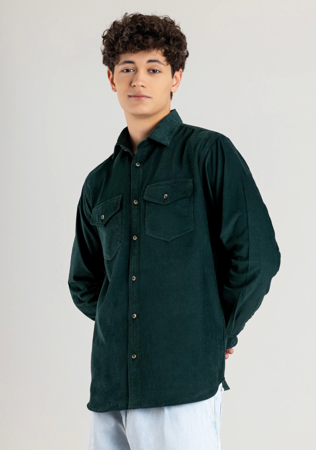 Dark Green Regular Fit Corduroy Men's Shirt