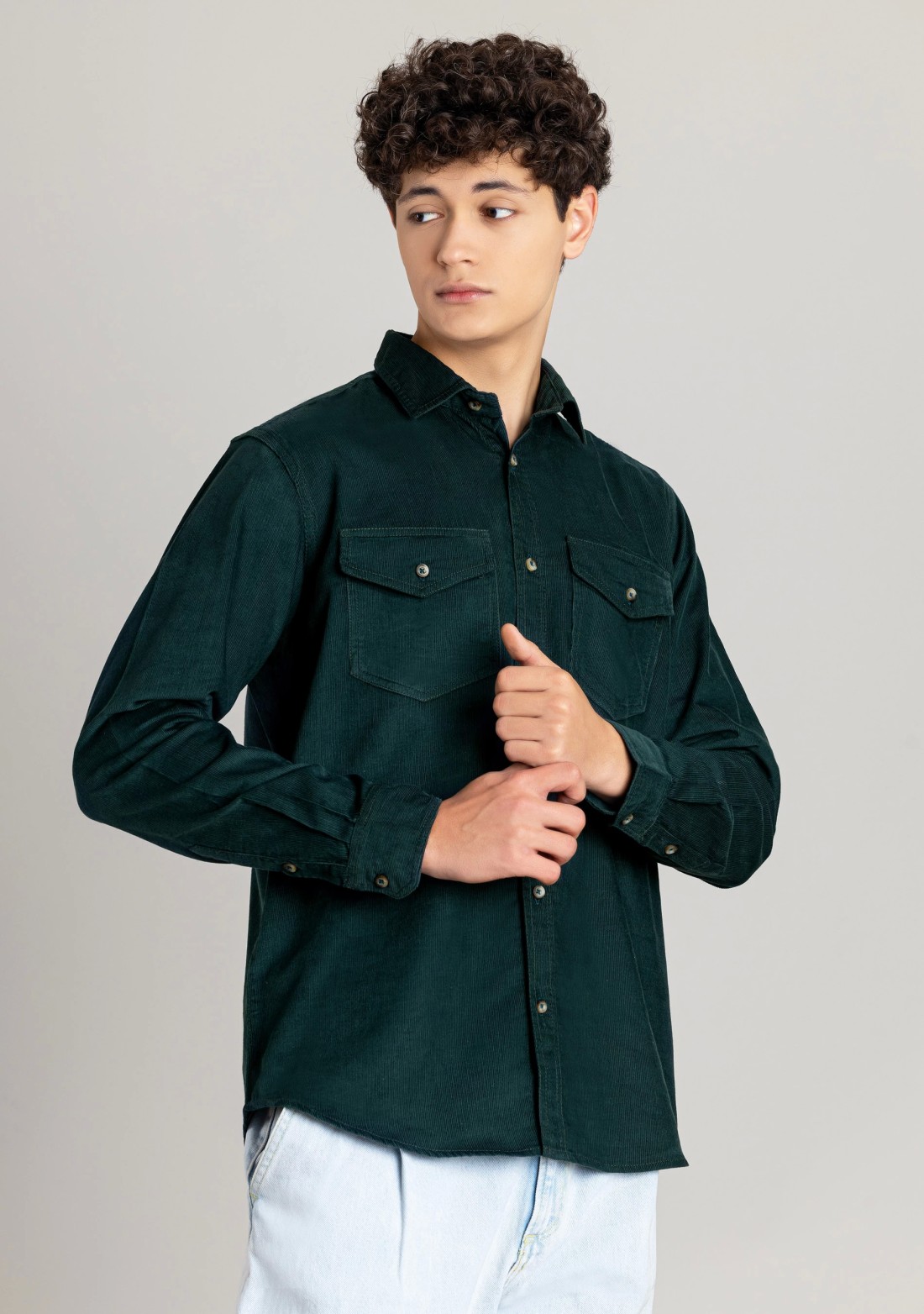 Dark Green Regular Fit Corduroy Men's Shirt