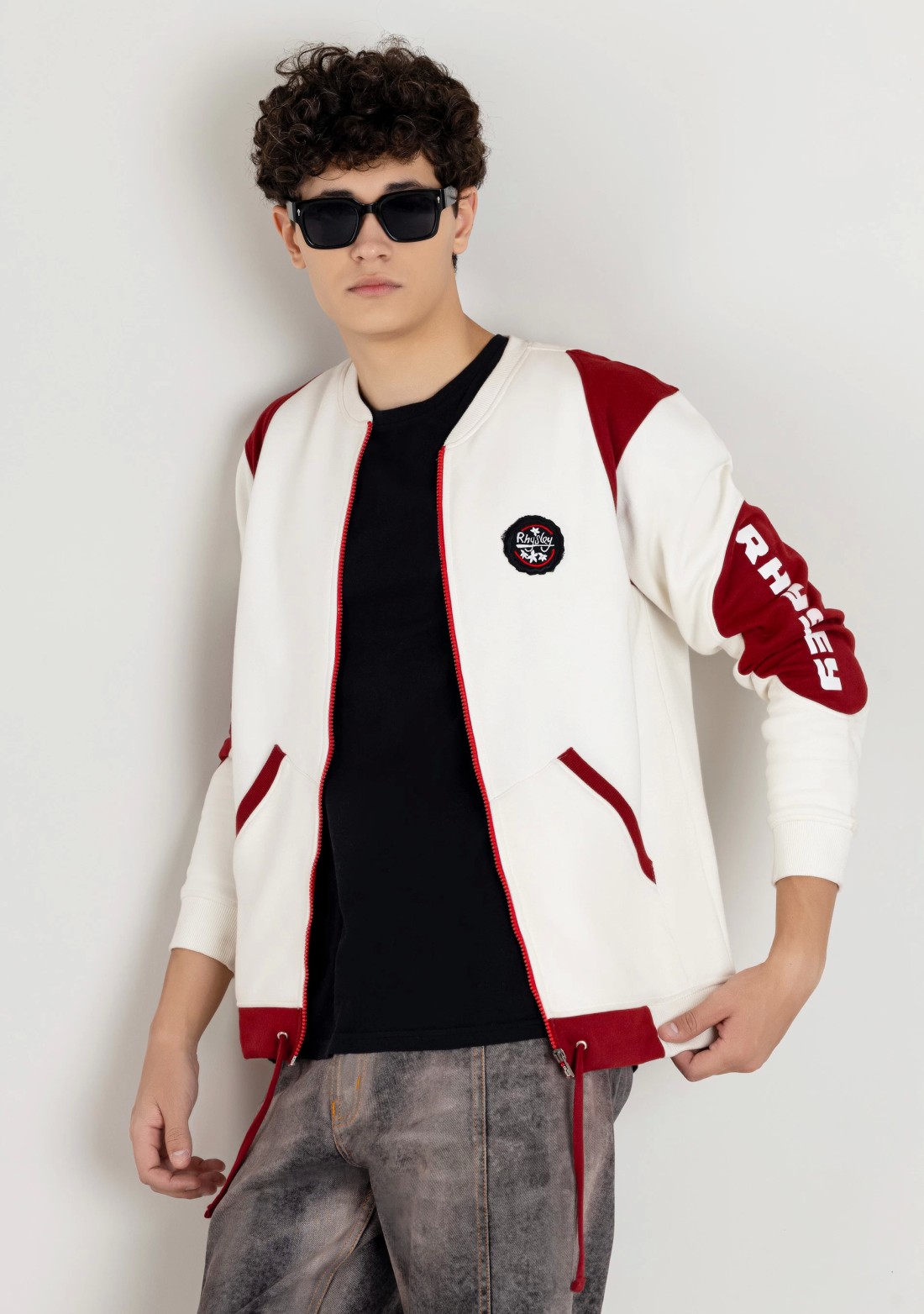 Off White and Red Regular Fit Men's Bomber Sweatshirt