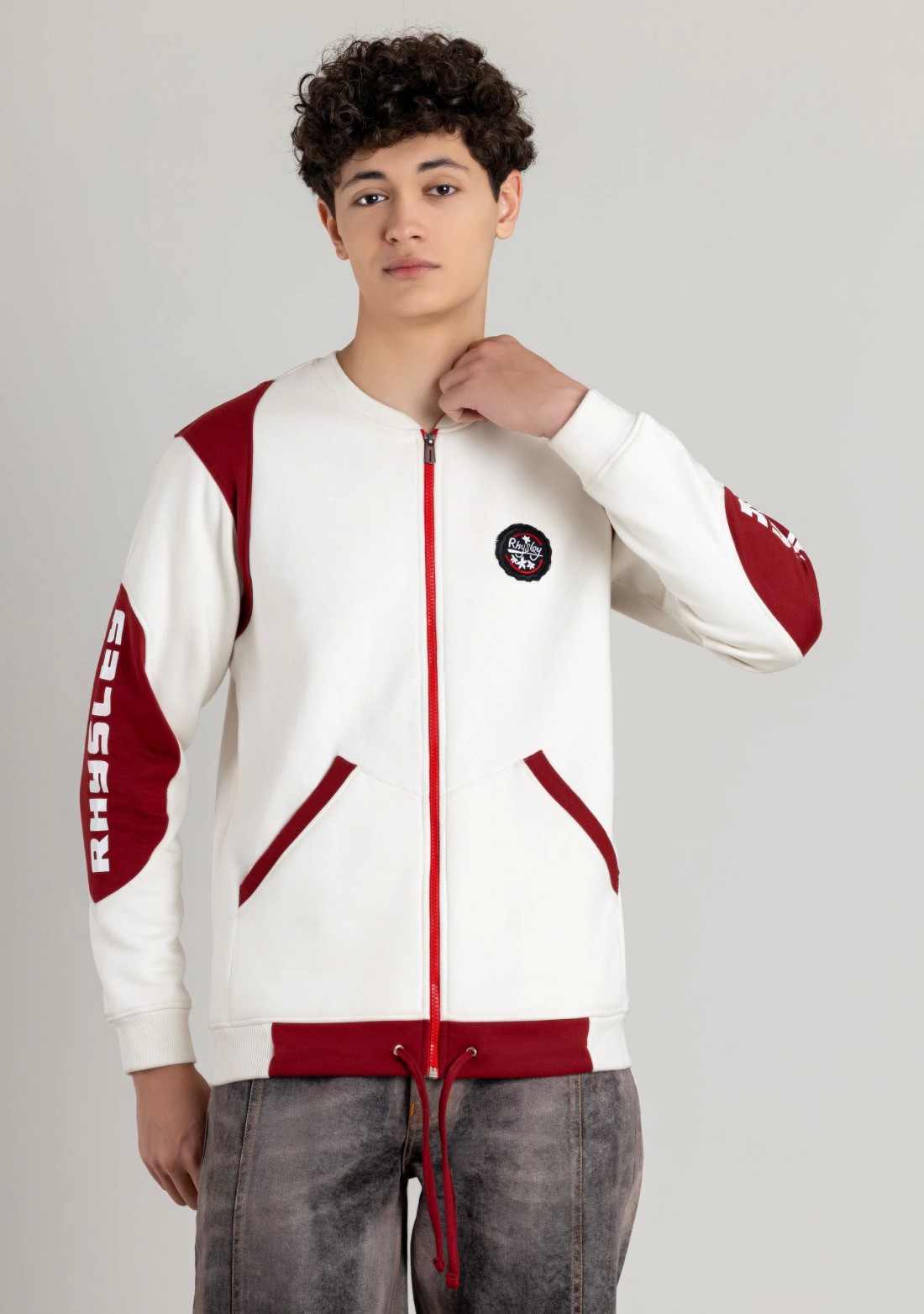 Off White and Red Regular Fit Men's Bomber Sweatshirt