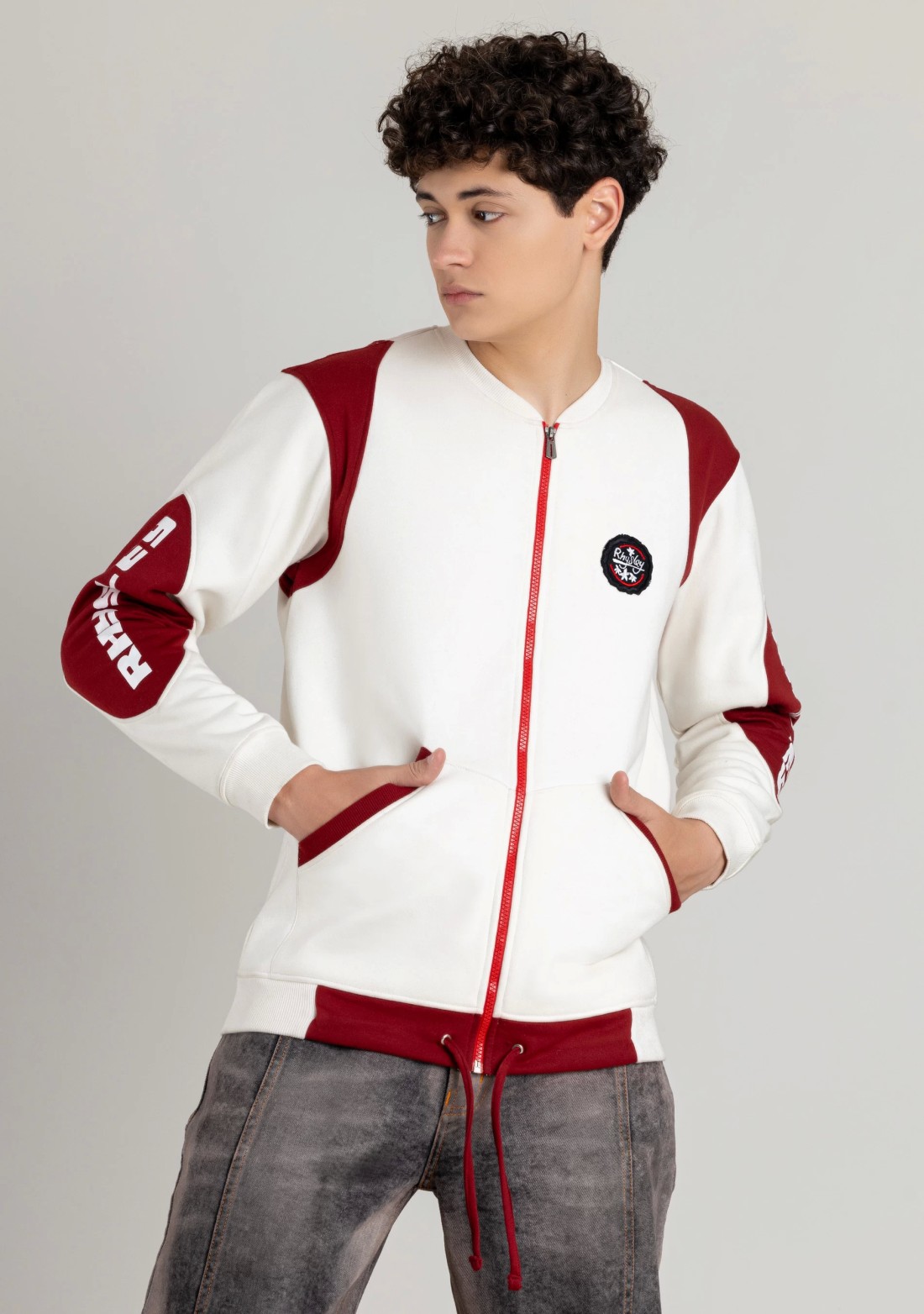 Off White and Red Regular Fit Men's Bomber Sweatshirt