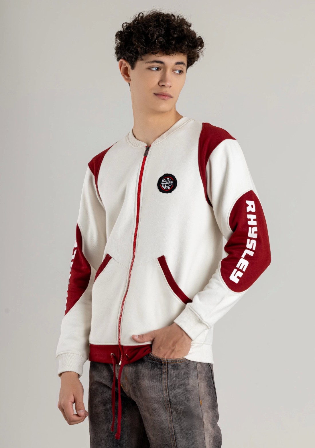 Off White and Red Regular Fit Men's Bomber Sweatshirt