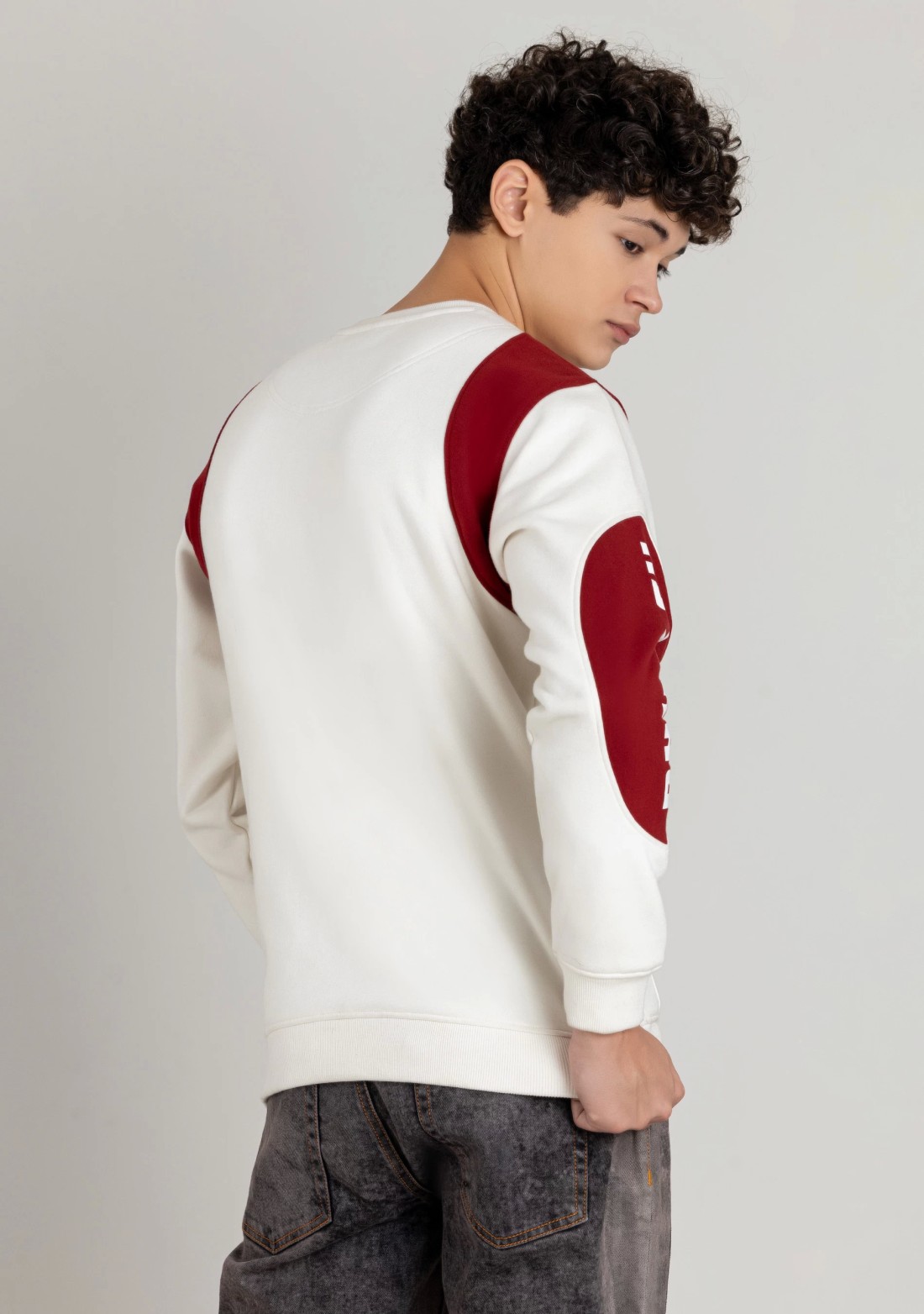 Off White and Red Regular Fit Men's Bomber Sweatshirt