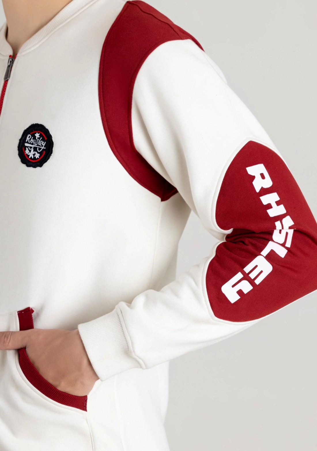 Off White and Red Regular Fit Men's Bomber Sweatshirt