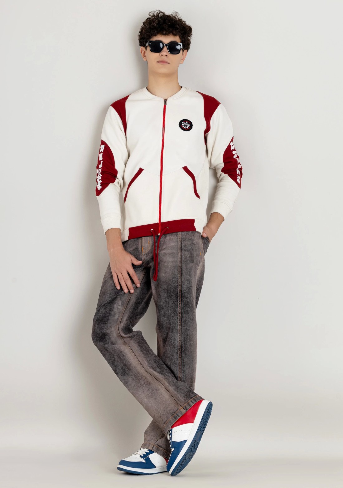 Off White and Red Regular Fit Men's Bomber Sweatshirt