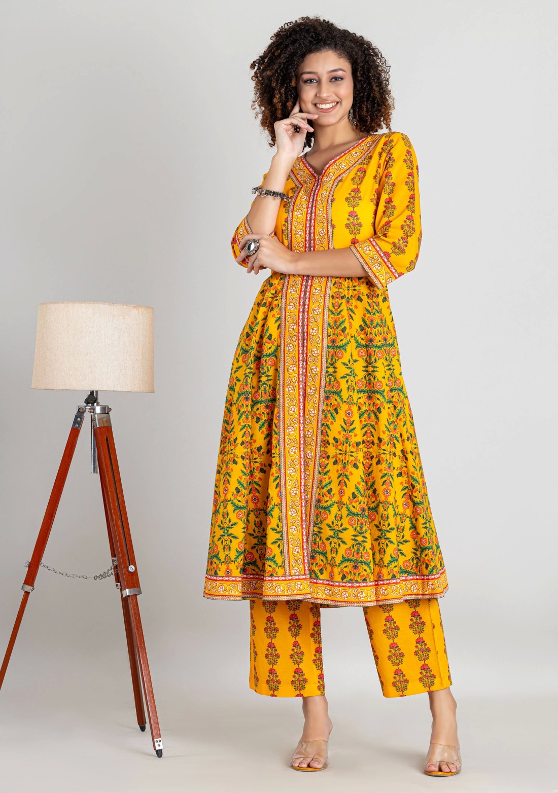 Yellow Ethnic Print Cotton Flared Kurta with Palazzo Pants Set