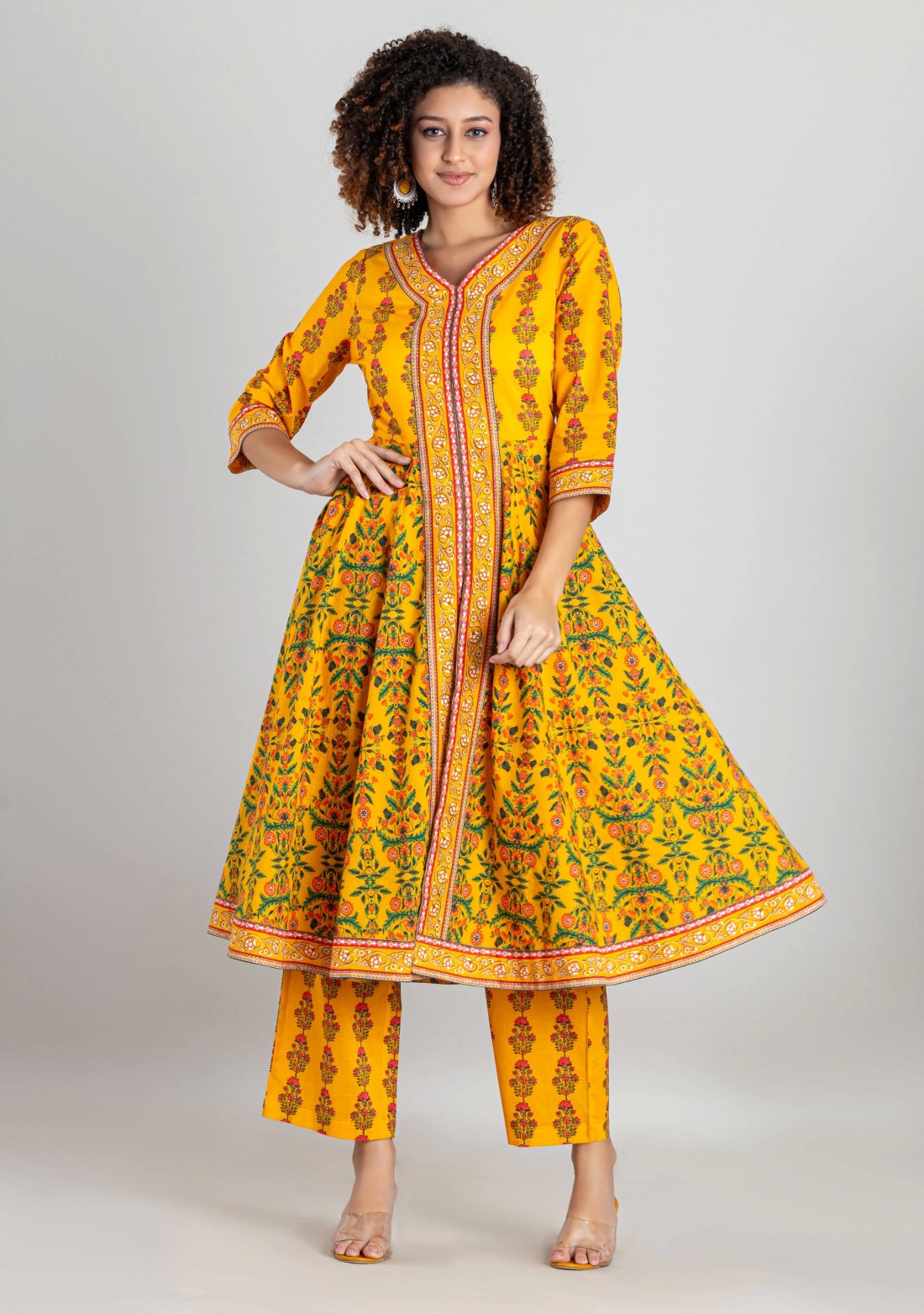 Yellow Ethnic Print Cotton Flared Kurta with Palazzo Pants Set