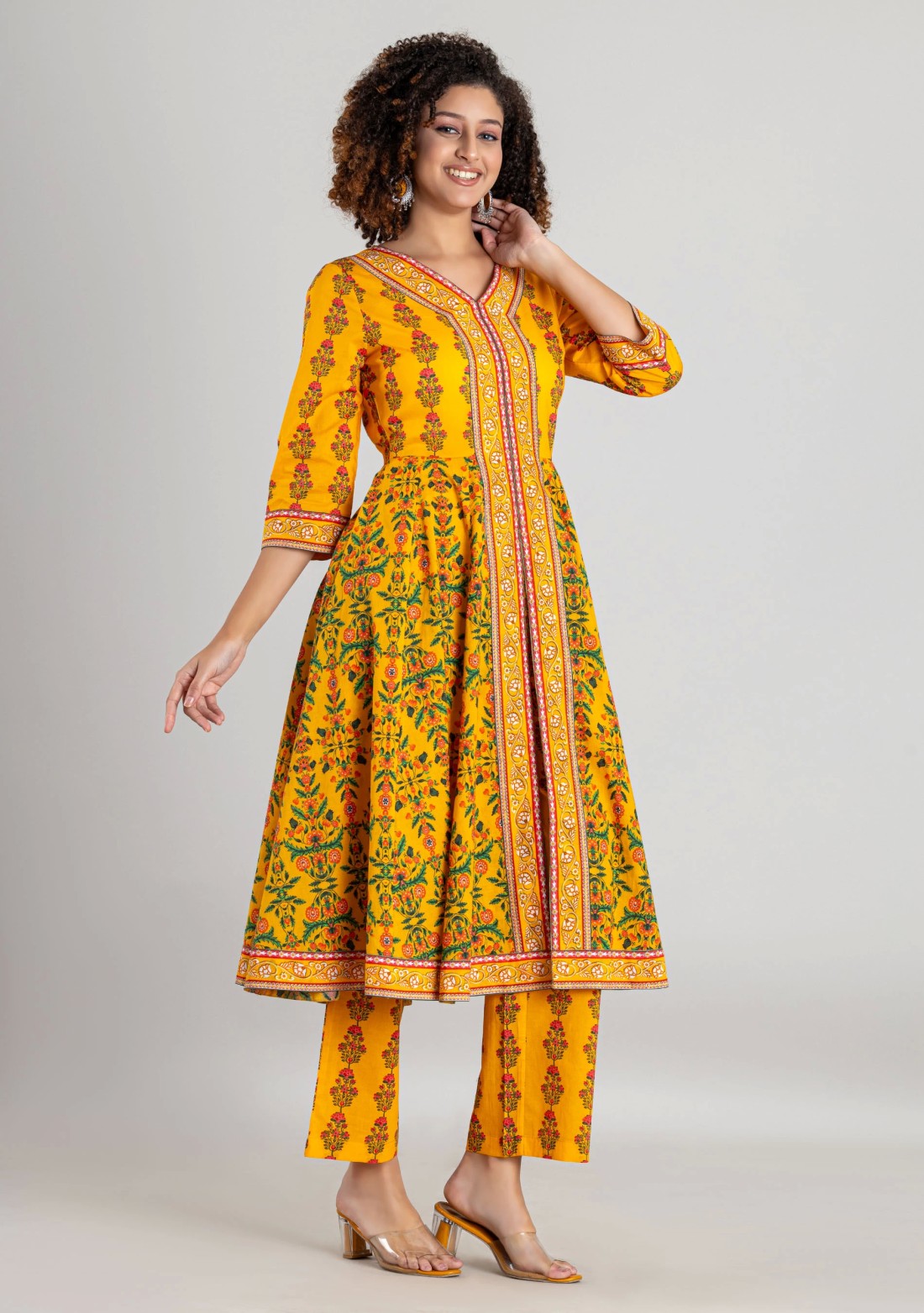 Yellow Ethnic Print Cotton Flared Kurta with Palazzo Pants Set