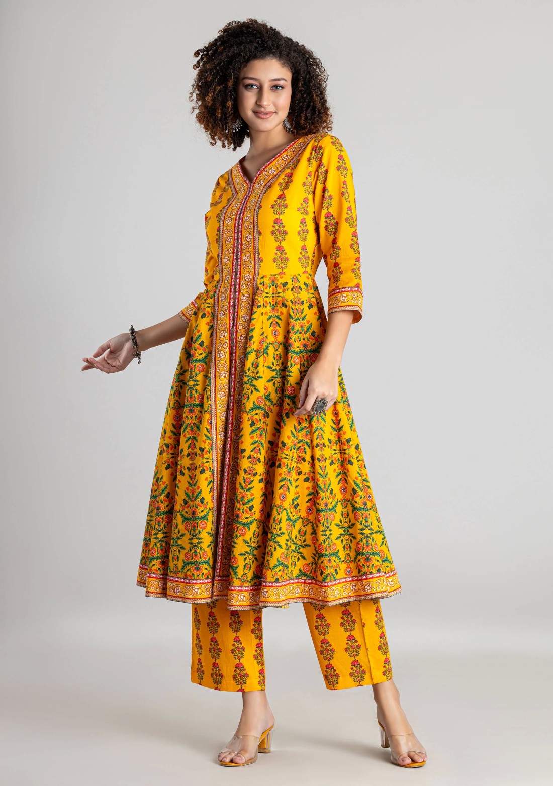 Yellow Ethnic Print Cotton Flared Kurta with Palazzo Pants Set