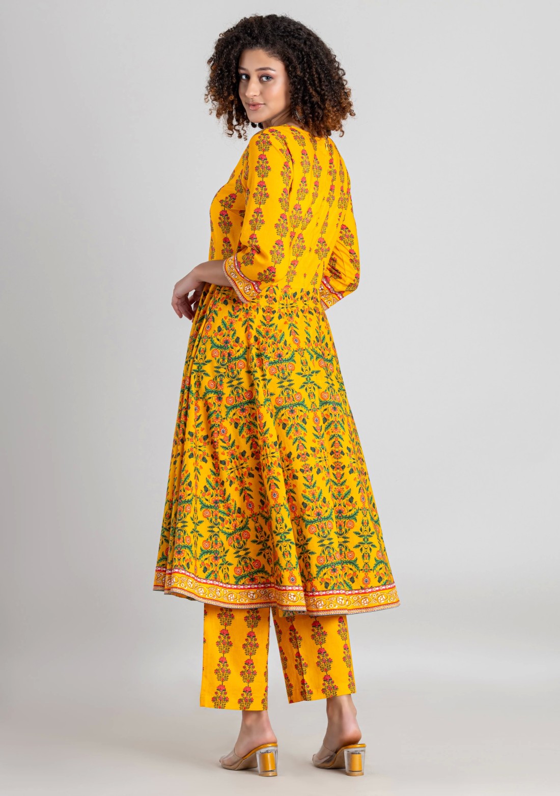 Yellow Ethnic Print Cotton Flared Kurta with Palazzo Pants Set