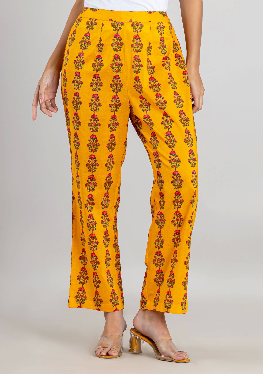 Yellow Ethnic Print Cotton Flared Kurta with Palazzo Pants Set