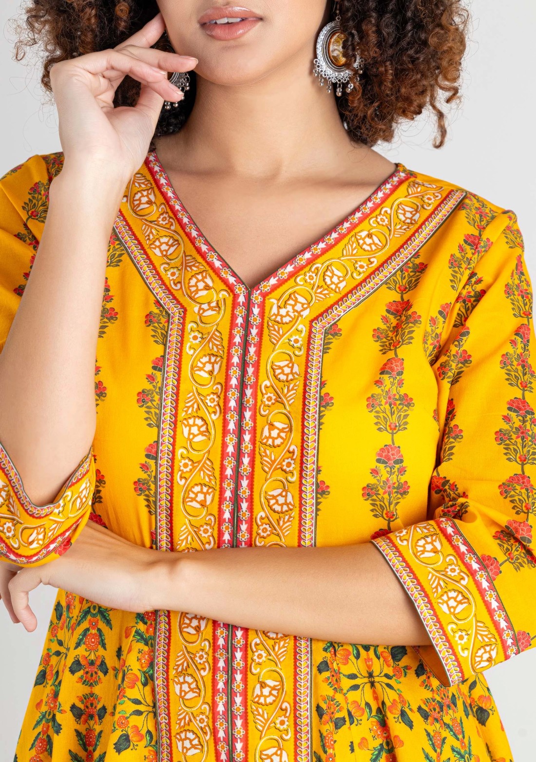 Yellow Ethnic Print Cotton Flared Kurta with Palazzo Pants Set