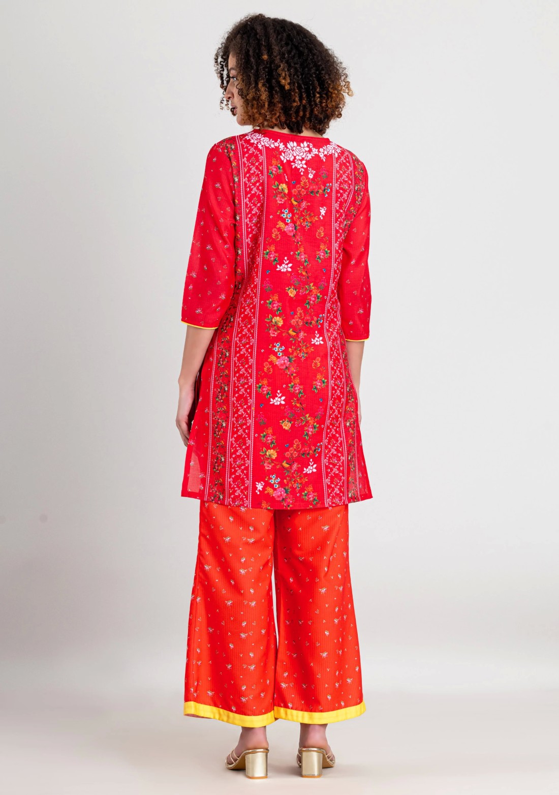 Red Floral Print Chanderi Straight Kurta with Straight Pants