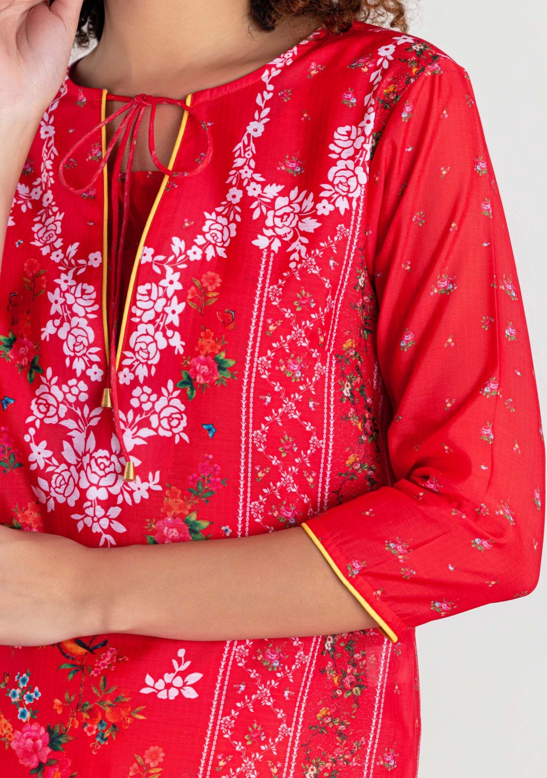 Red Floral Print Chanderi Straight Kurta with Straight Pants