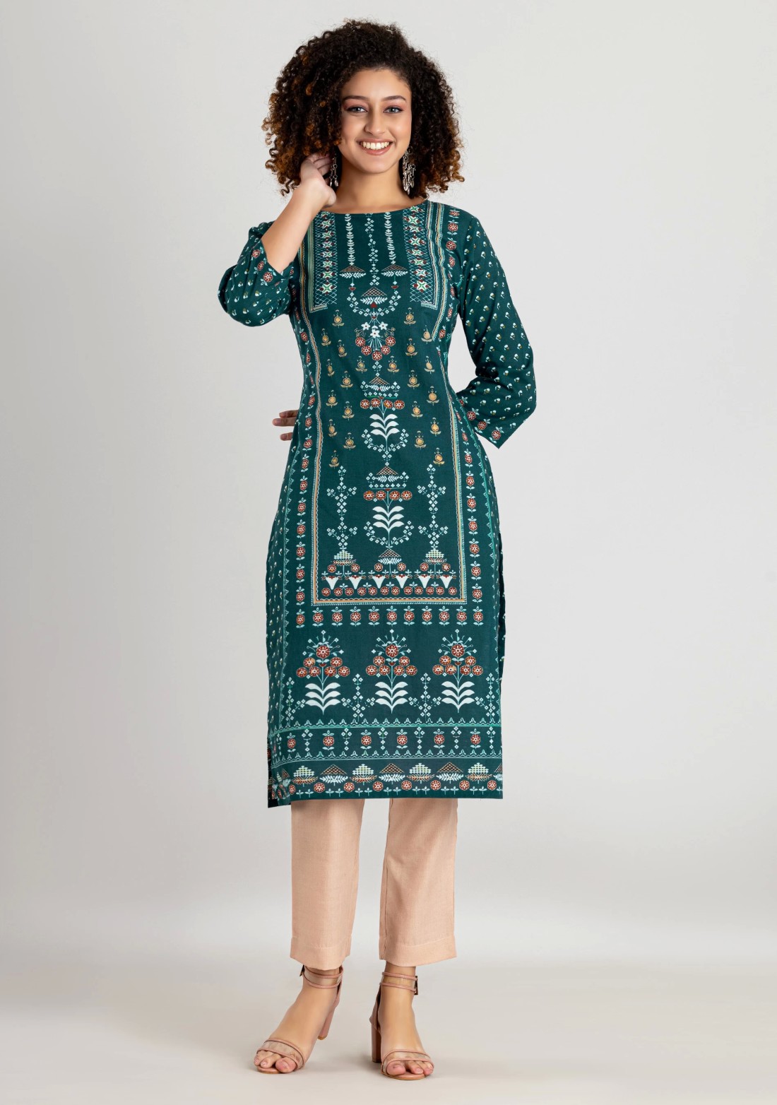 Turquoise Blue Ethnic Print Cotton Straight Kurta