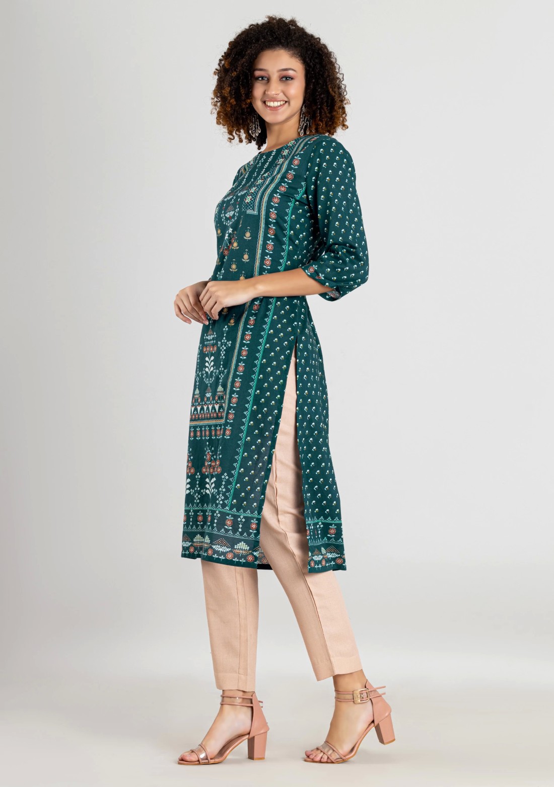 Turquoise Blue Ethnic Print Cotton Straight Kurta