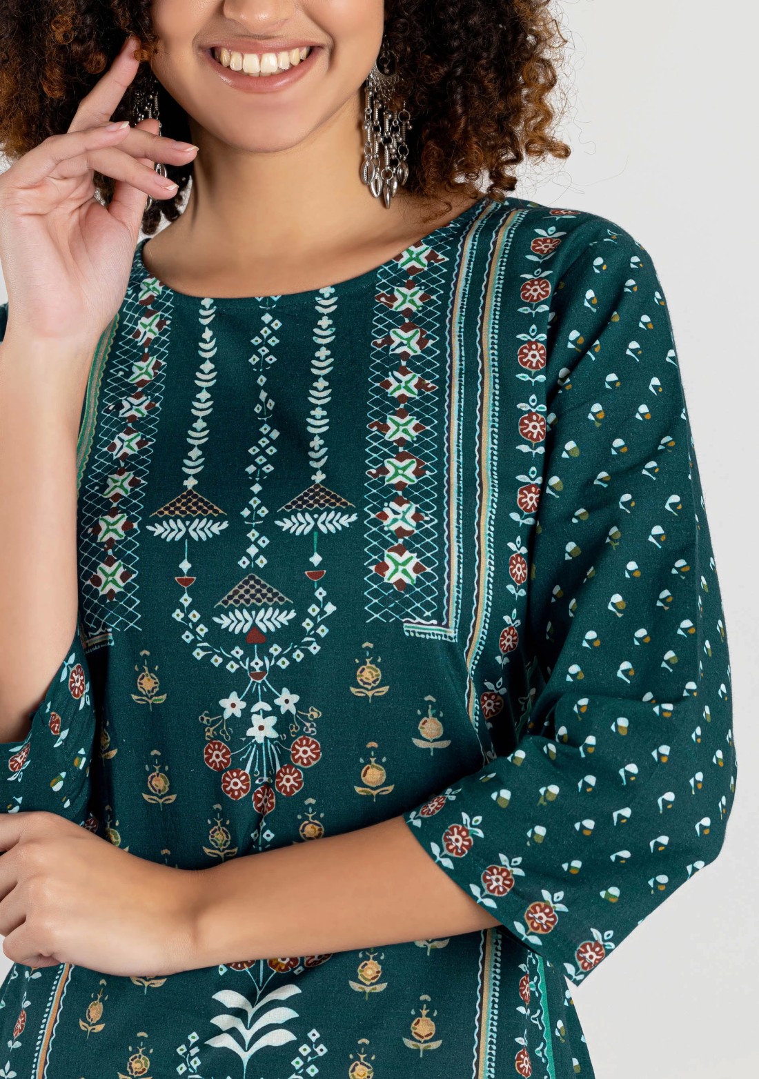 Turquoise Blue Ethnic Print Cotton Straight Kurta