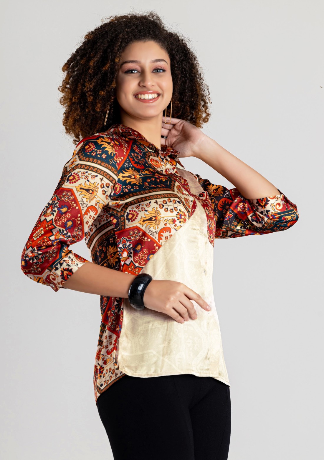 Multi Colour Ethnic Print Crepe Button Down Shirt