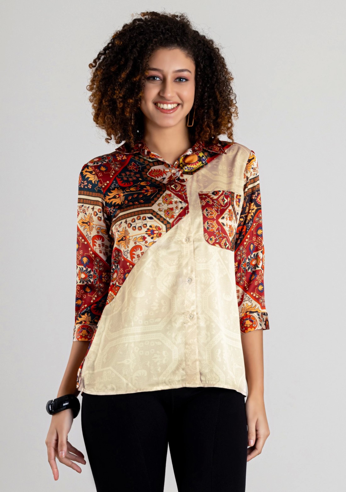 Multi Colour Ethnic Print Crepe Button Down Shirt