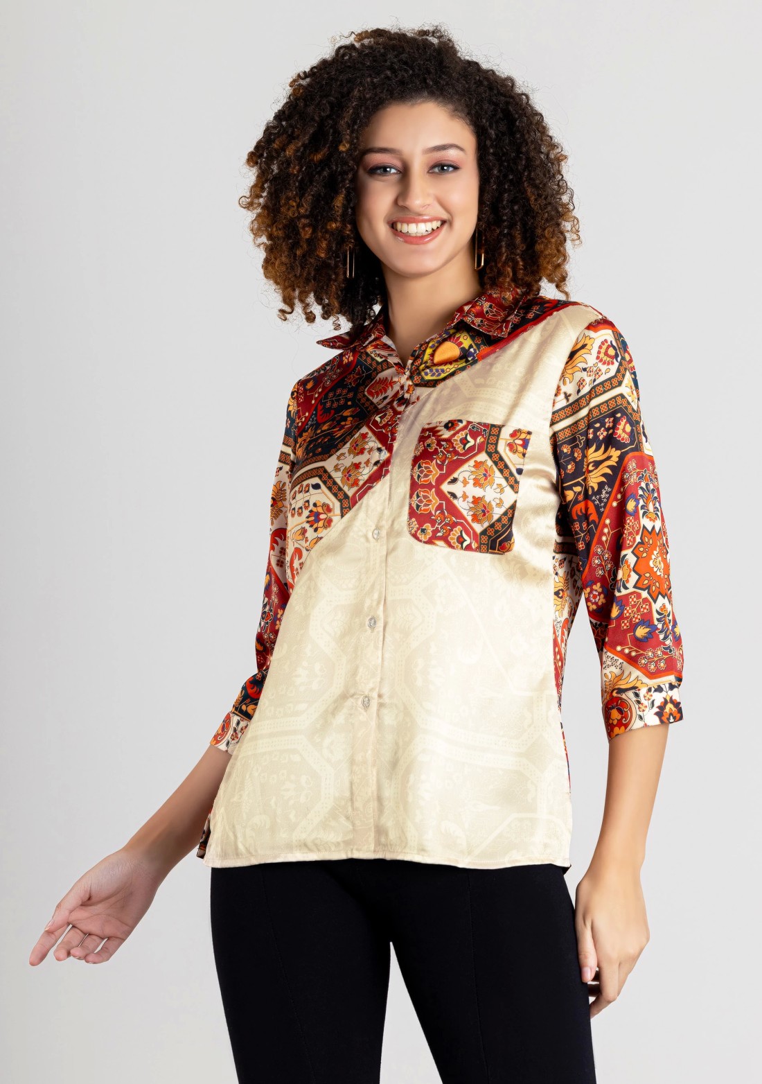 Multi Colour Ethnic Print Crepe Button Down Shirt