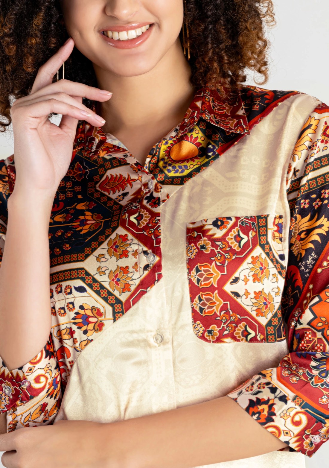 Multi Colour Ethnic Print Crepe Button Down Shirt