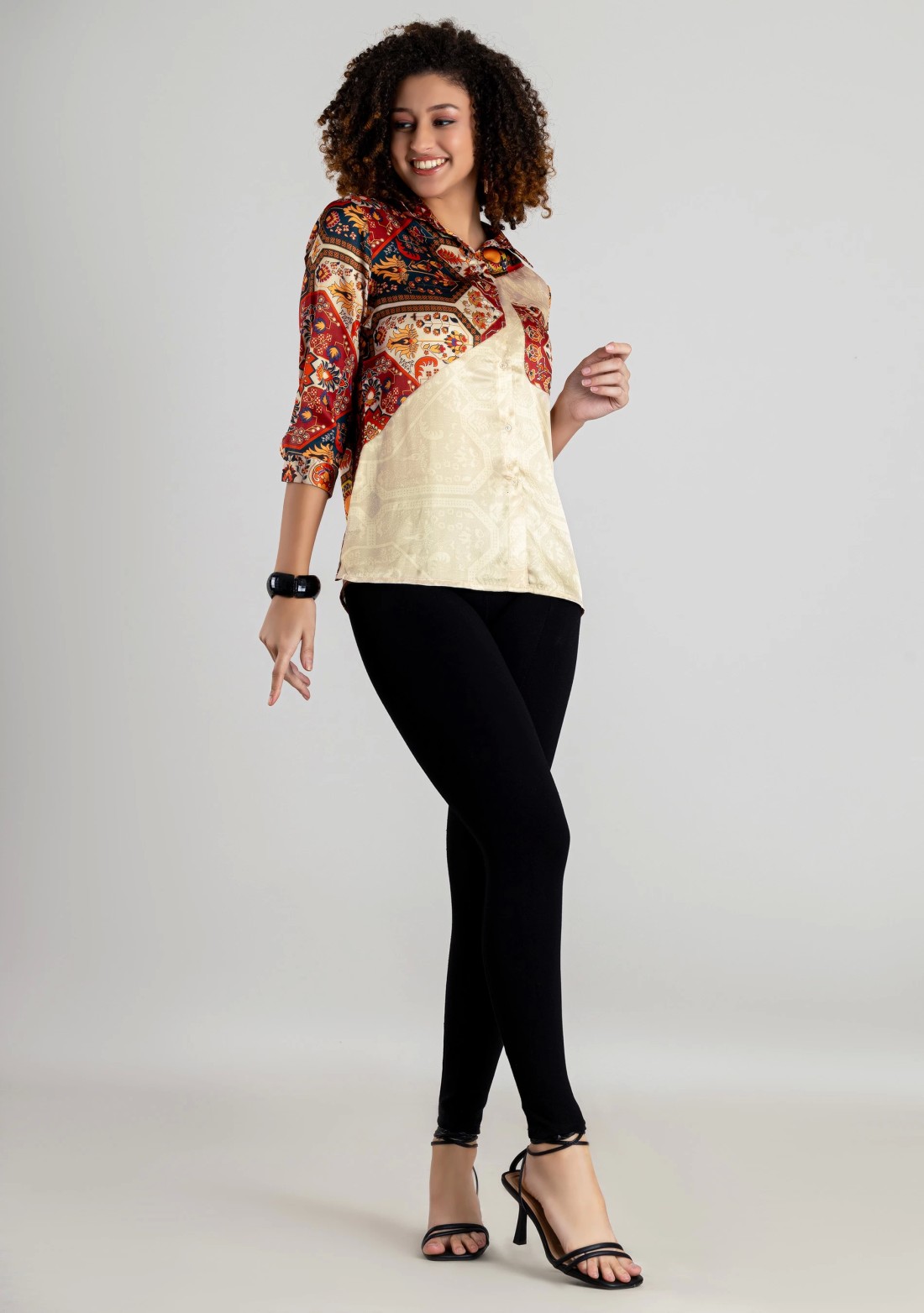 Multi Colour Ethnic Print Crepe Button Down Shirt