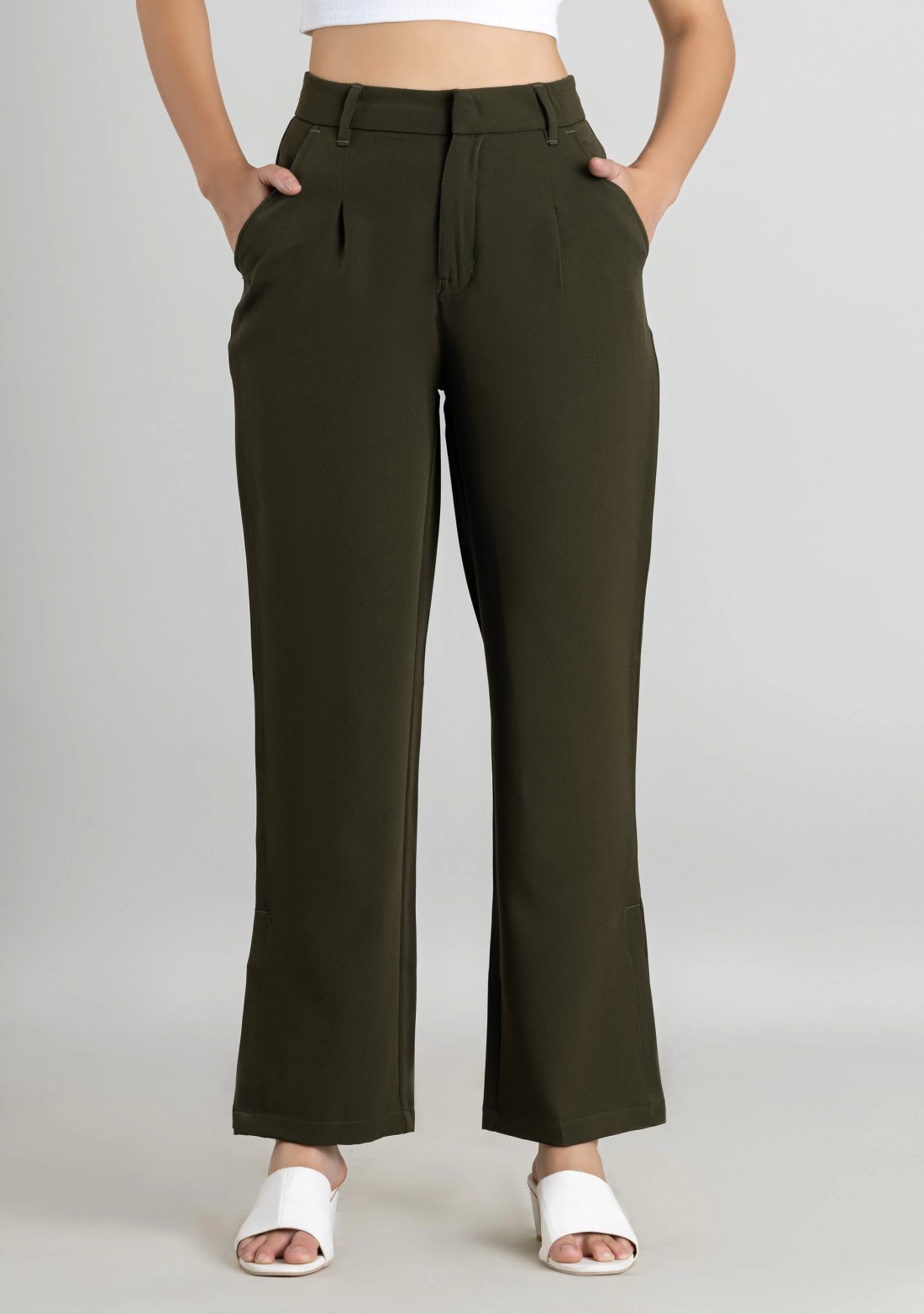 Dark Olive Green Wide Leg Women's Trousers