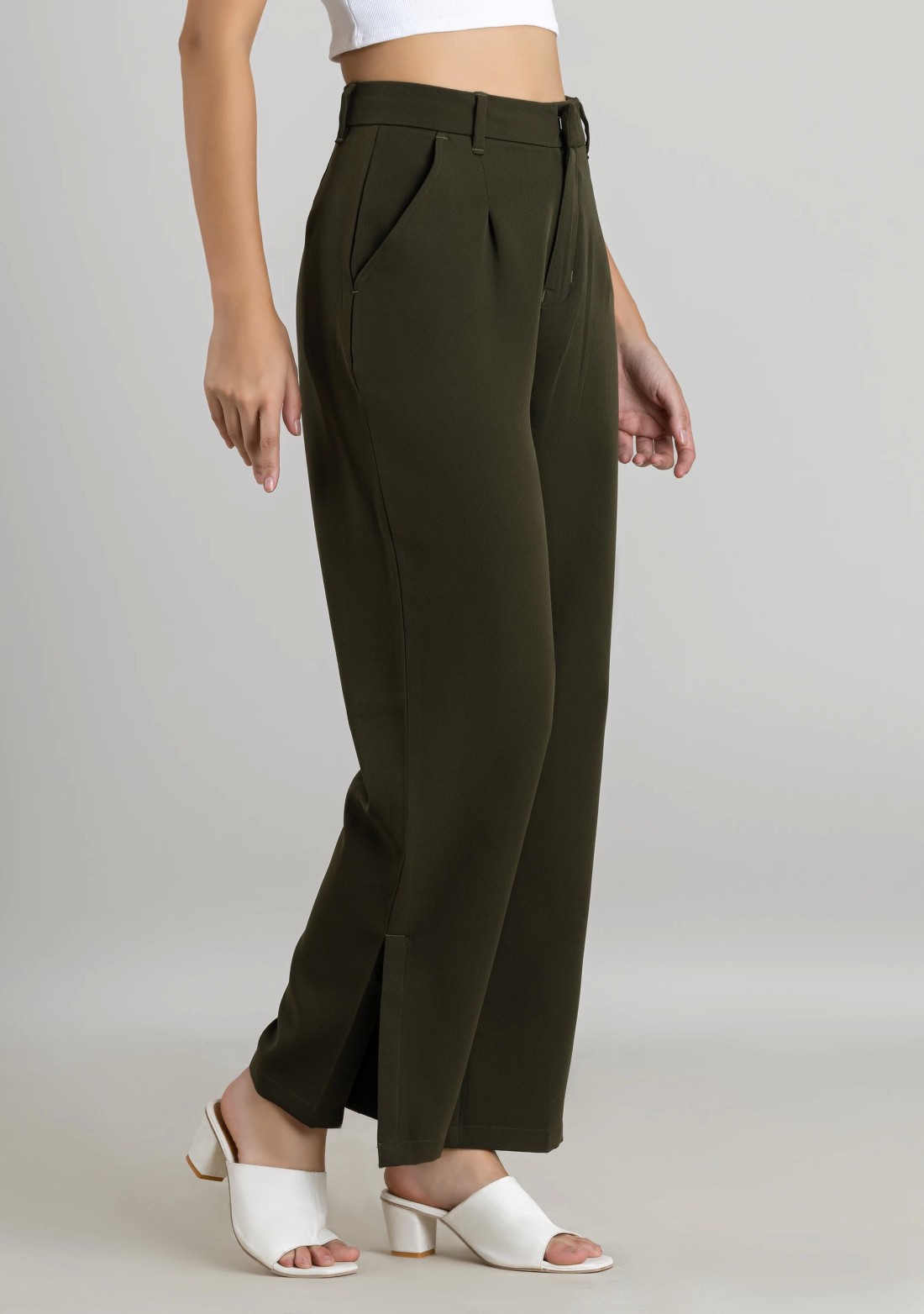 Dark Olive Green Wide Leg Women's Trousers