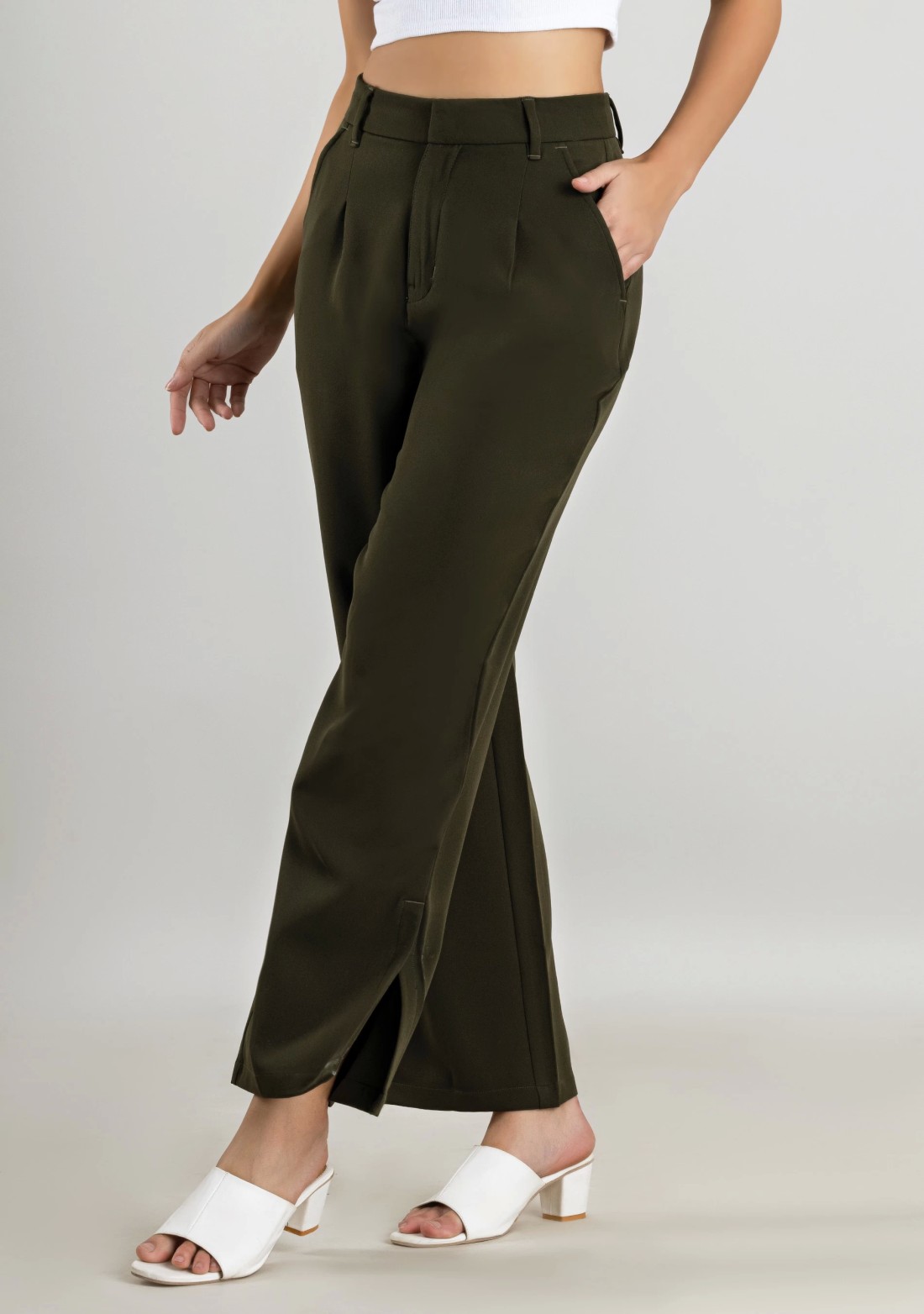 Dark Olive Green Wide Leg Women's Trousers