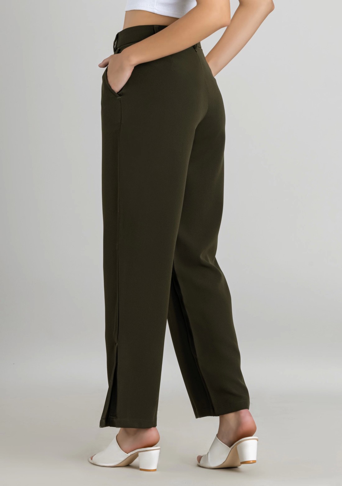 Dark Olive Green Wide Leg Women's Trousers