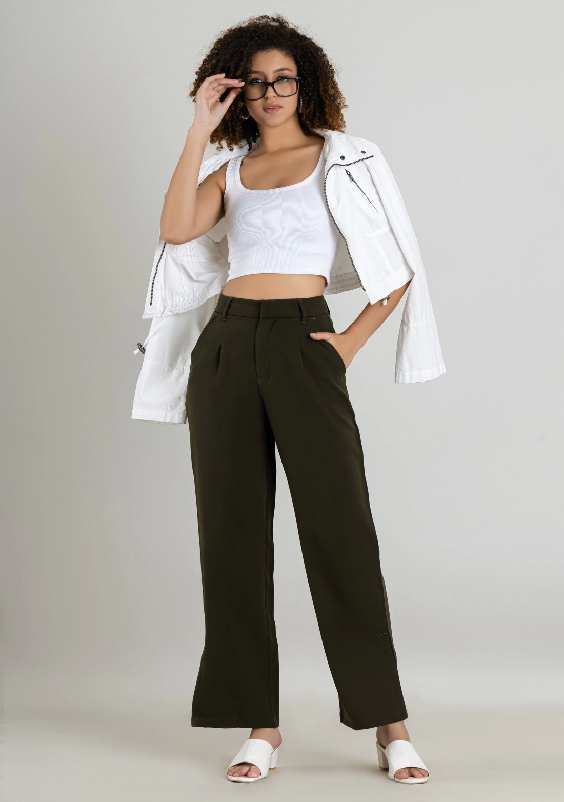 Dark Olive Green Wide Leg Women's Trousers