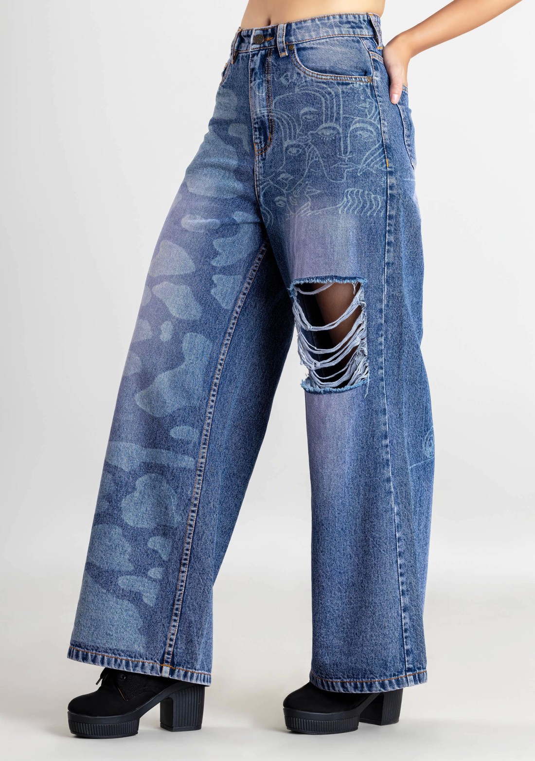 Blue Laser Print Wide Leg Women's Distressed Jeans