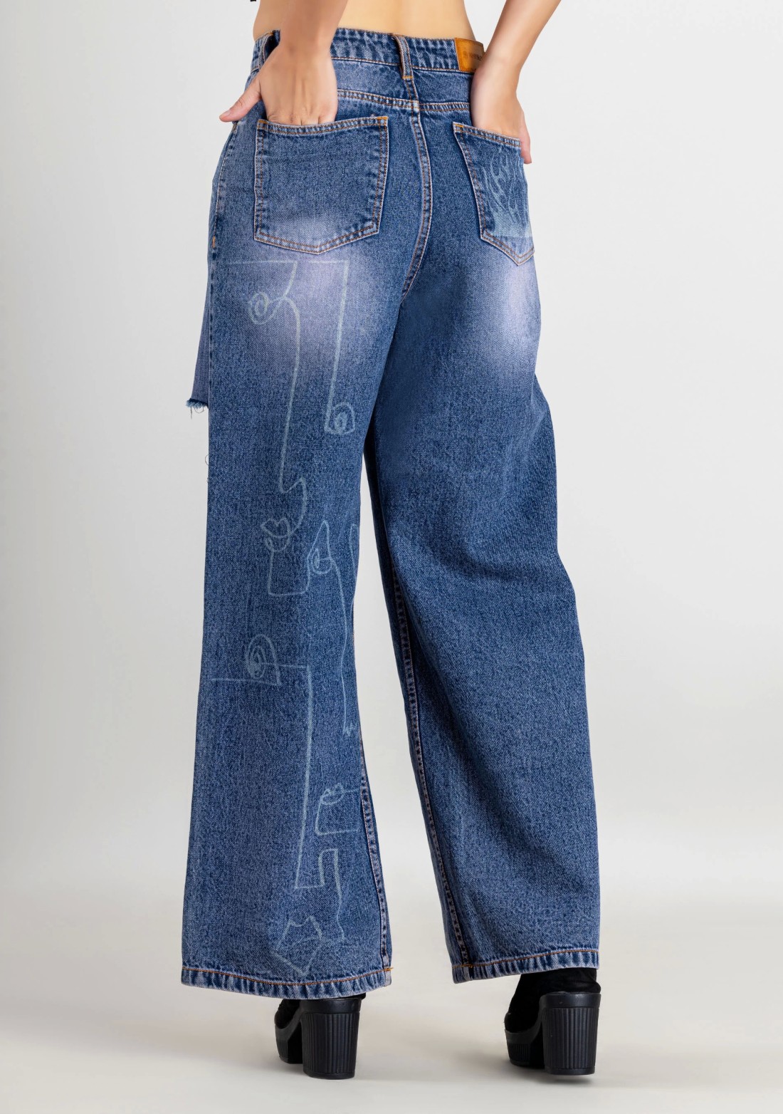 Blue Laser Print Wide Leg Women's Distressed Jeans