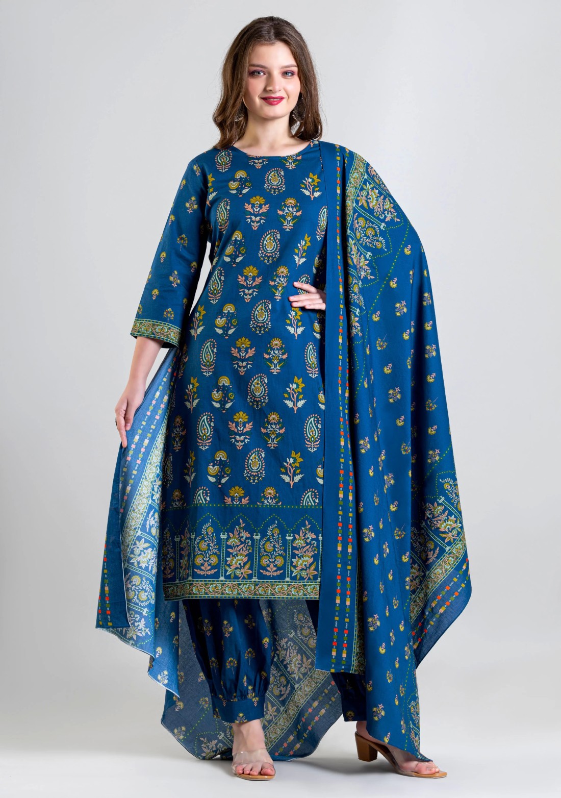 Dark Blue Ethnic Print Cotton Straight Kurti with Salwar and Dupatta Set