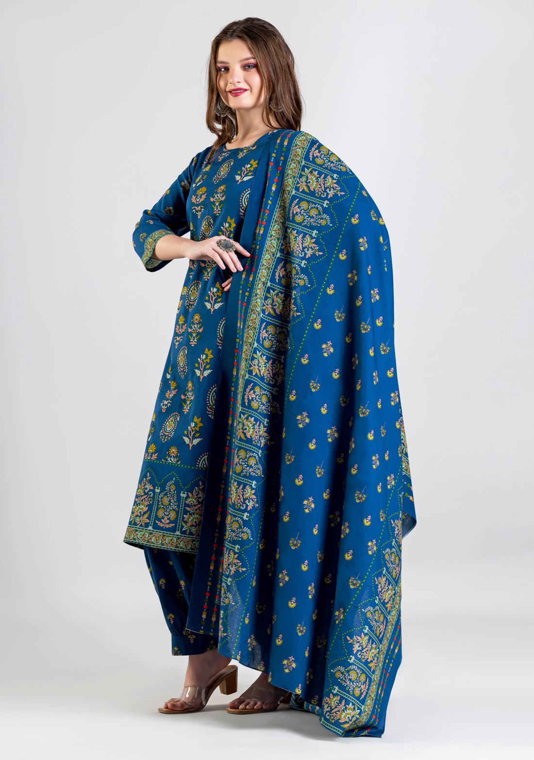 Dark Blue Ethnic Print Cotton Straight Kurti with Salwar and Dupatta Set