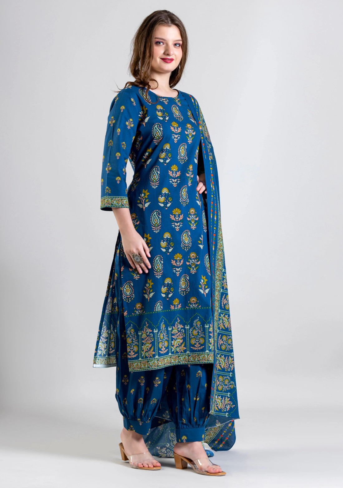 Dark Blue Ethnic Print Cotton Straight Kurti with Salwar and Dupatta Set