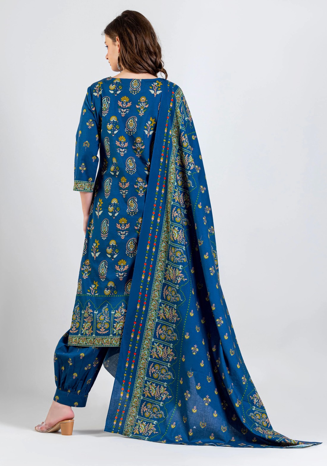 Dark Blue Ethnic Print Cotton Straight Kurti with Salwar and Dupatta Set