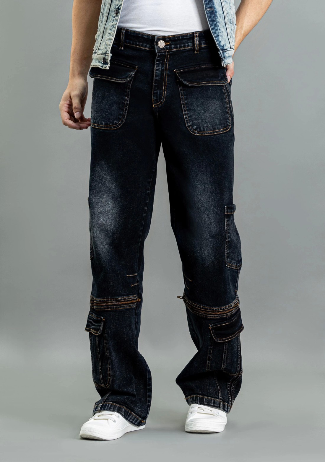 Dark Blue Wide Leg Men's Cargo Style Jeans