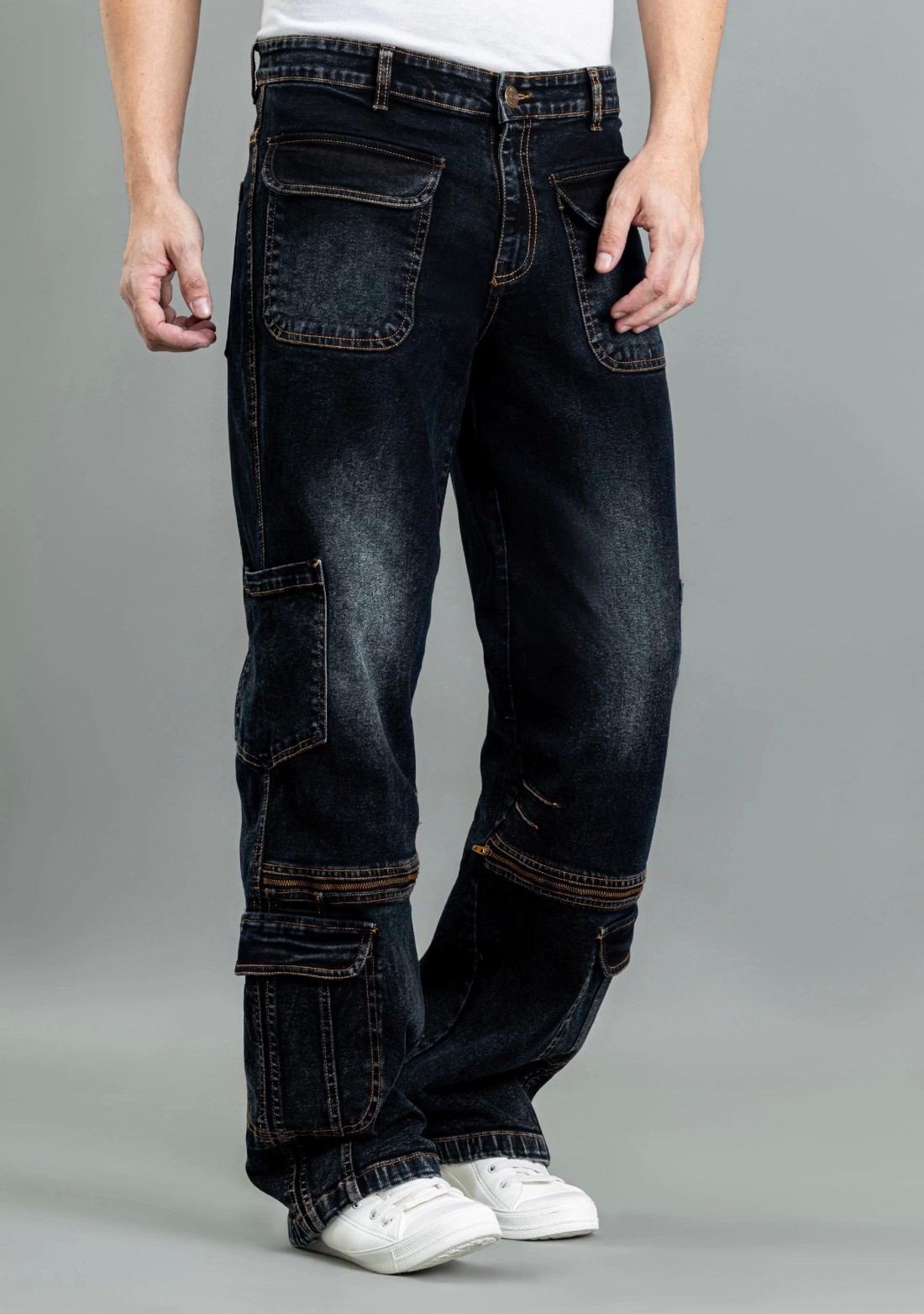 Dark Blue Wide Leg Men's Cargo Style Jeans