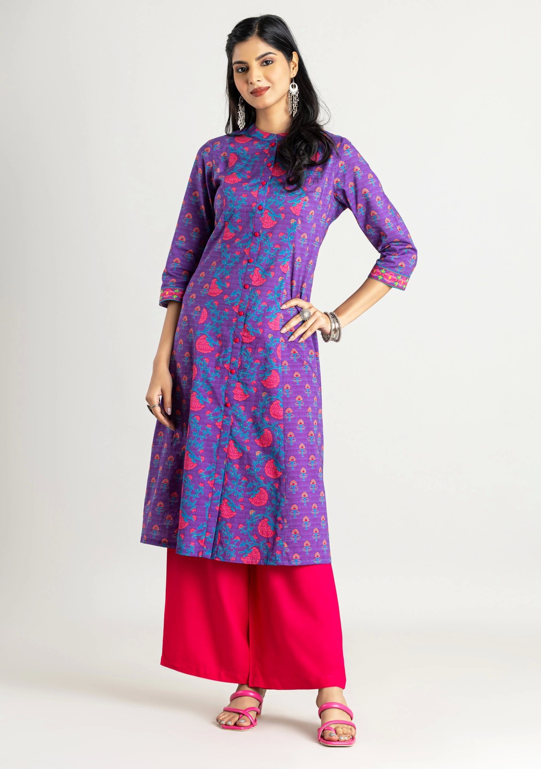 Purple Ethnic Print Cotton Straight Kurta