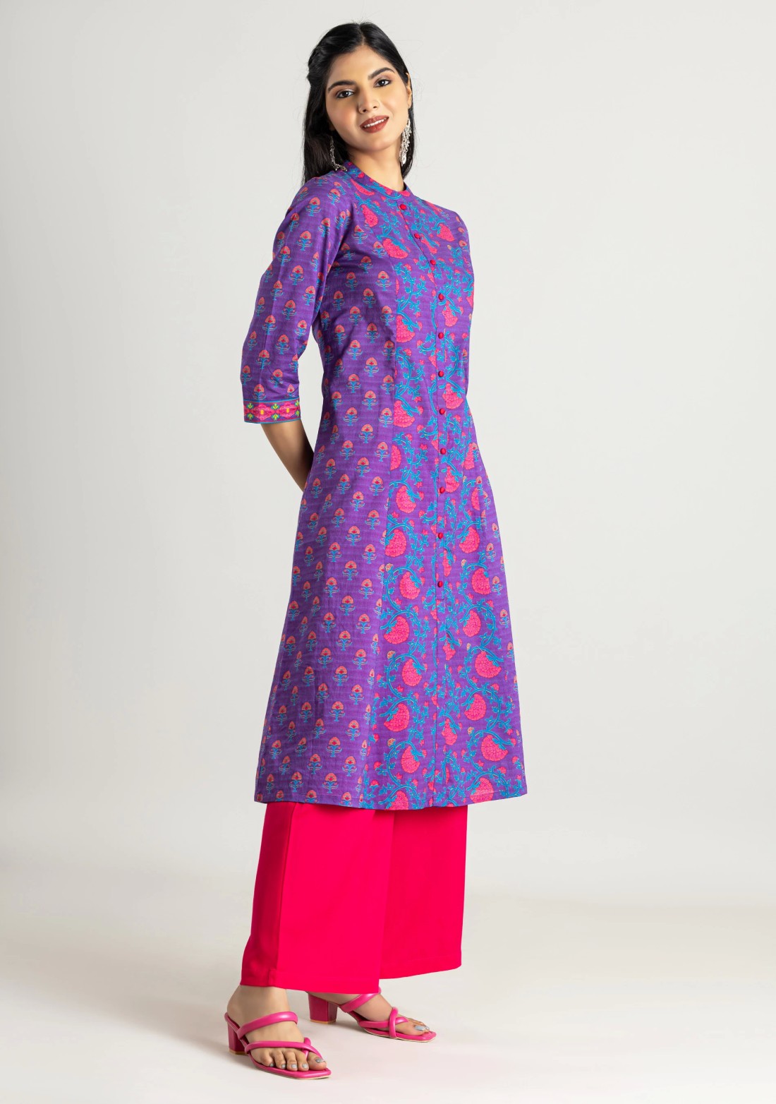 Purple Ethnic Print Cotton Straight Kurta