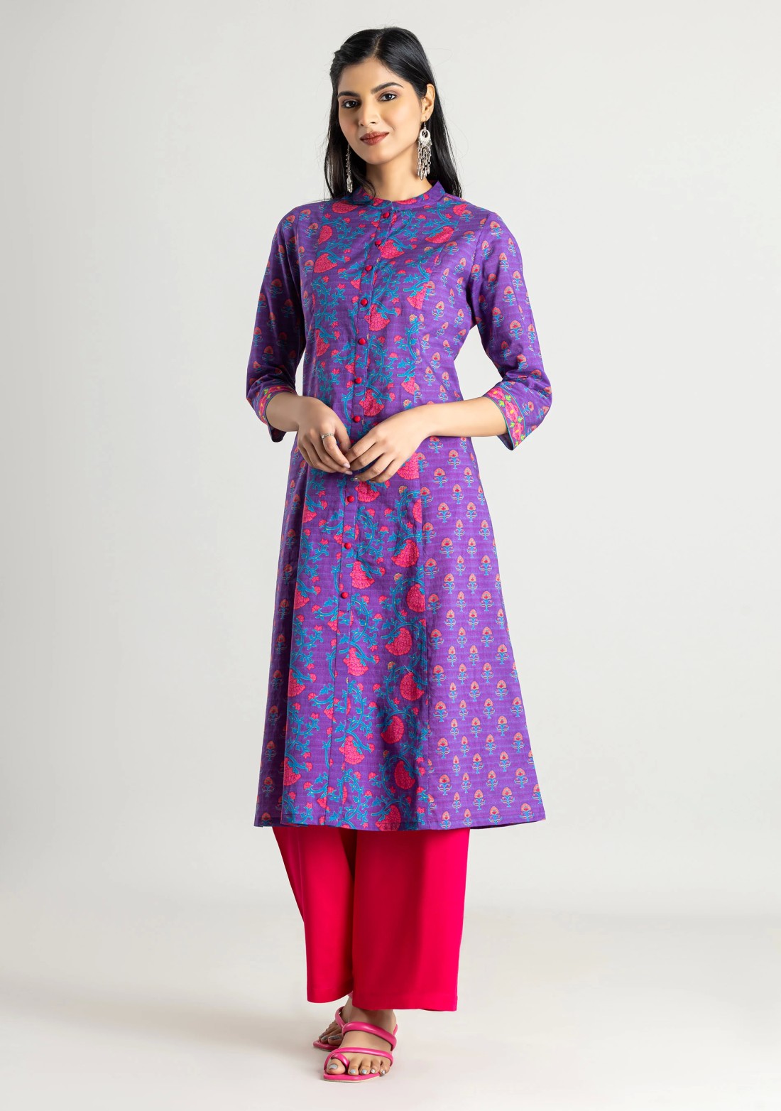 Purple Ethnic Print Cotton Straight Kurta