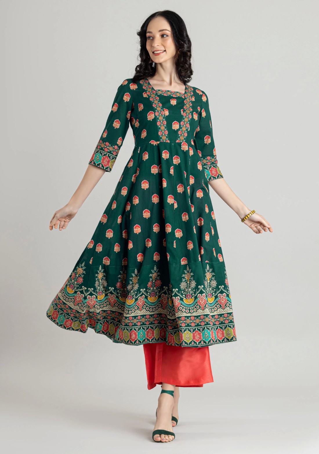 Emerald Green Ethnic Print Cotton Anarkali Kurti