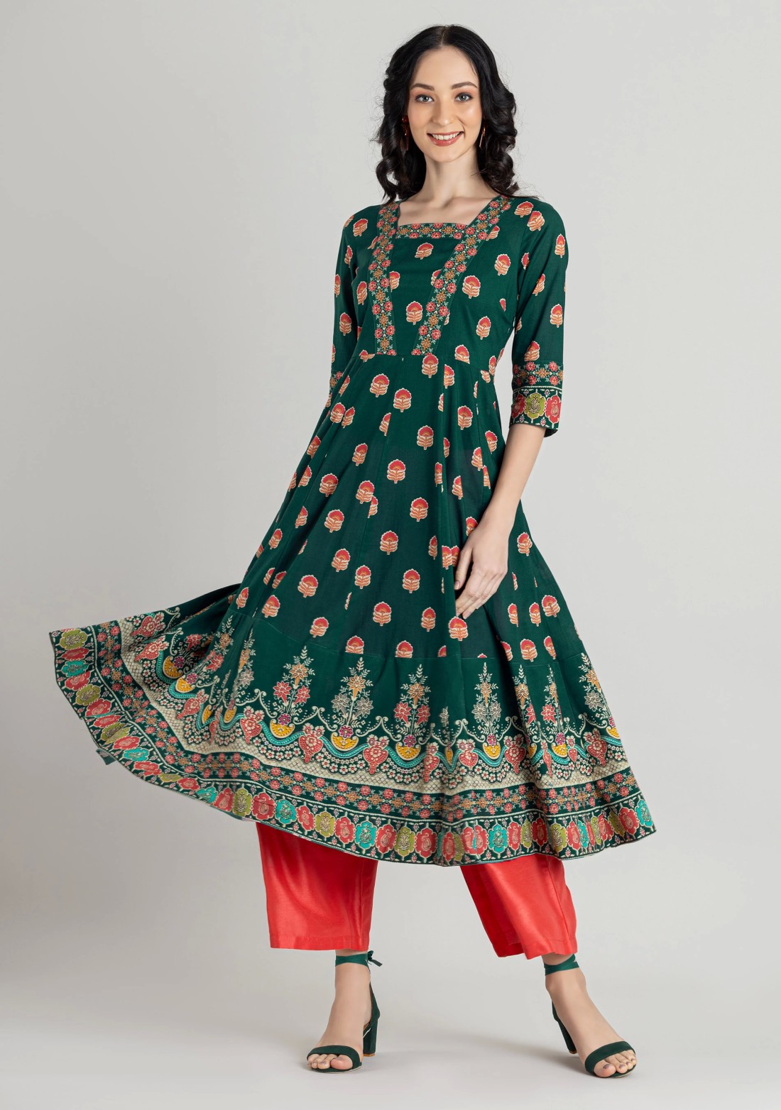 Emerald Green Ethnic Print Cotton Anarkali Kurti