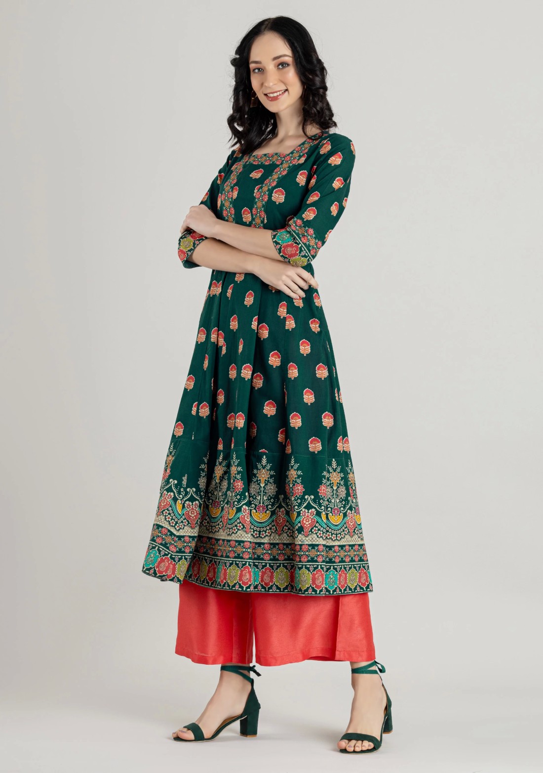 Emerald Green Ethnic Print Cotton Anarkali Kurti