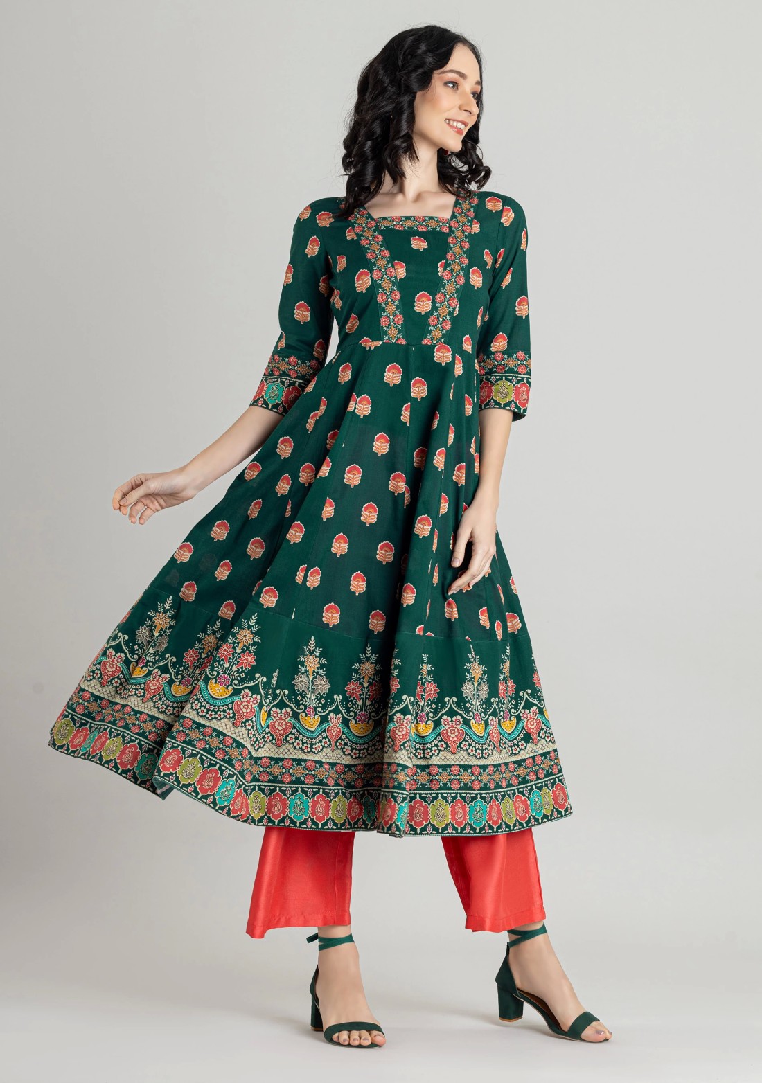 Emerald Green Ethnic Print Cotton Anarkali Kurti